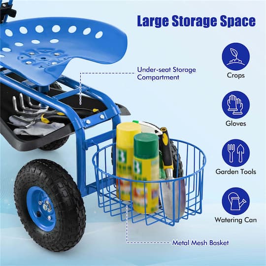 Costway Garden Cart Patio Wagon Roll Work Seat with Tray Basket Extendable Handle
